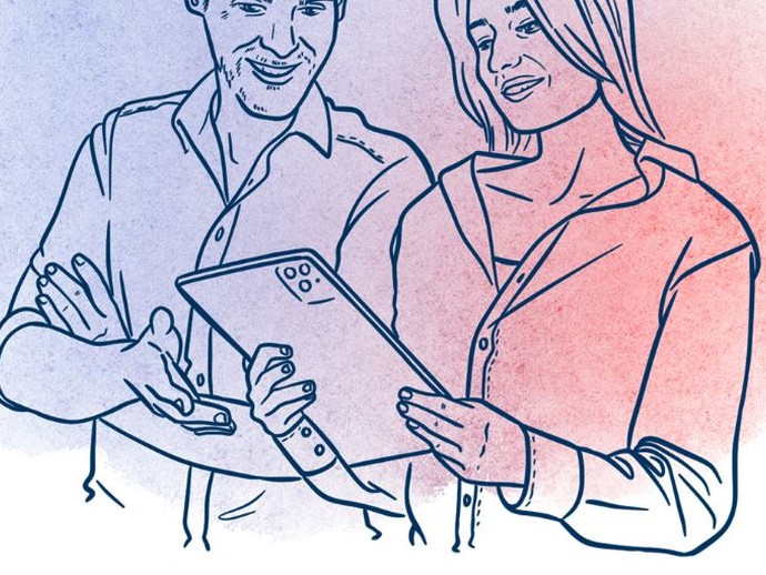 Eine blau-rote Illustration zeigt einen Mann und eine Frau mit einem Tablet.