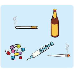 Eine Zigarette, eine Bier-Flasche, Tabletten, eine Spritze.