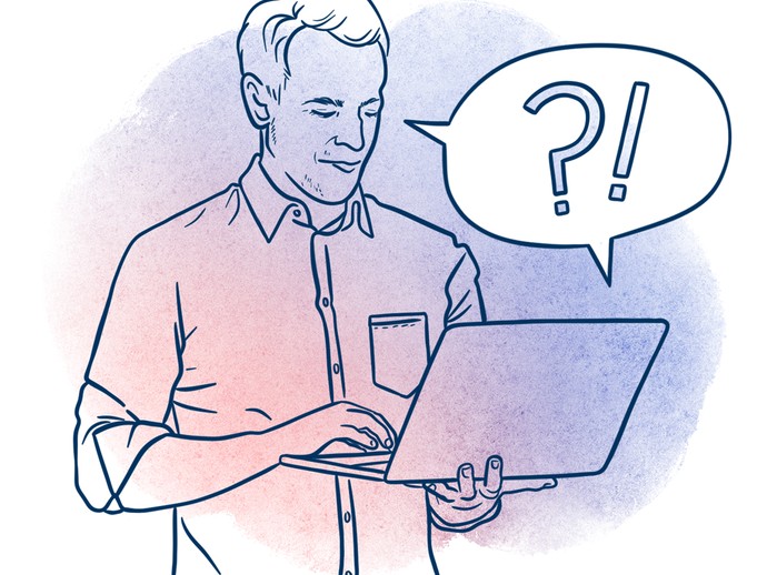Eine blau-rote Illustration zeigt einen Mann mit einem Laptop und Frage- und Ausrufezeichen in einer Sprechblase.